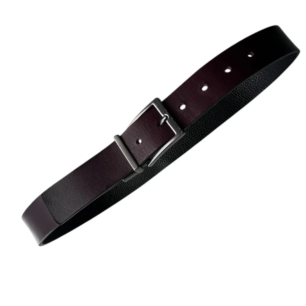 Reversible Genuine Leather Belt Black Burgundy Textured‎ Silver Buckle Men’s M/L